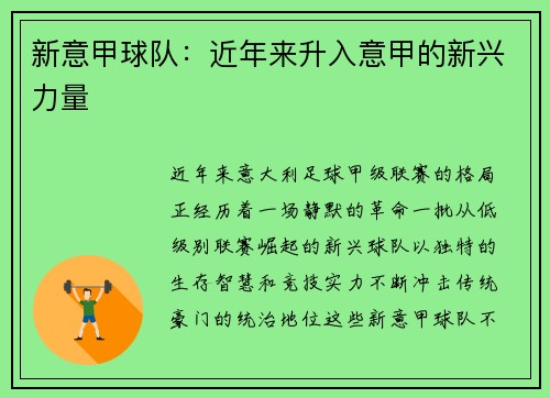 新意甲球队：近年来升入意甲的新兴力量